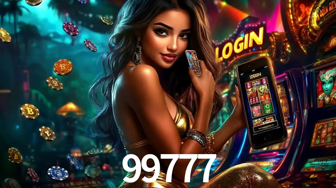 Mulher em um cenário de cassino temático de aventura, mostrando o app de caça-níqueis da 99777 no celular. Fichas de apostas flutuam ao redor.