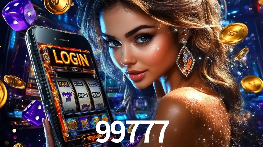 Mulher glamorosa segurando um smartphone com a tela de login para os jogos de caça-níqueis do cassino online 99777, com moedas de ouro e dados ao redor.