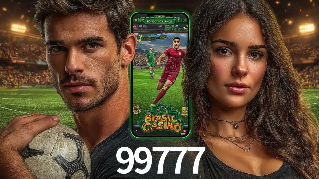 Homem segurando uma bola de futebol e uma mulher ao lado de um smartphone exibindo o jogo de apostas esportivas da 99777. Faça seu palpite no cassino online.